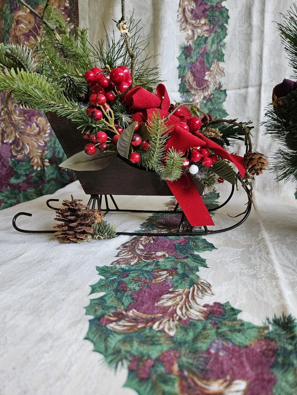 Holiday Greenery - Red Berry & Pine Picks, Burgundy In White, Metal Sleigh